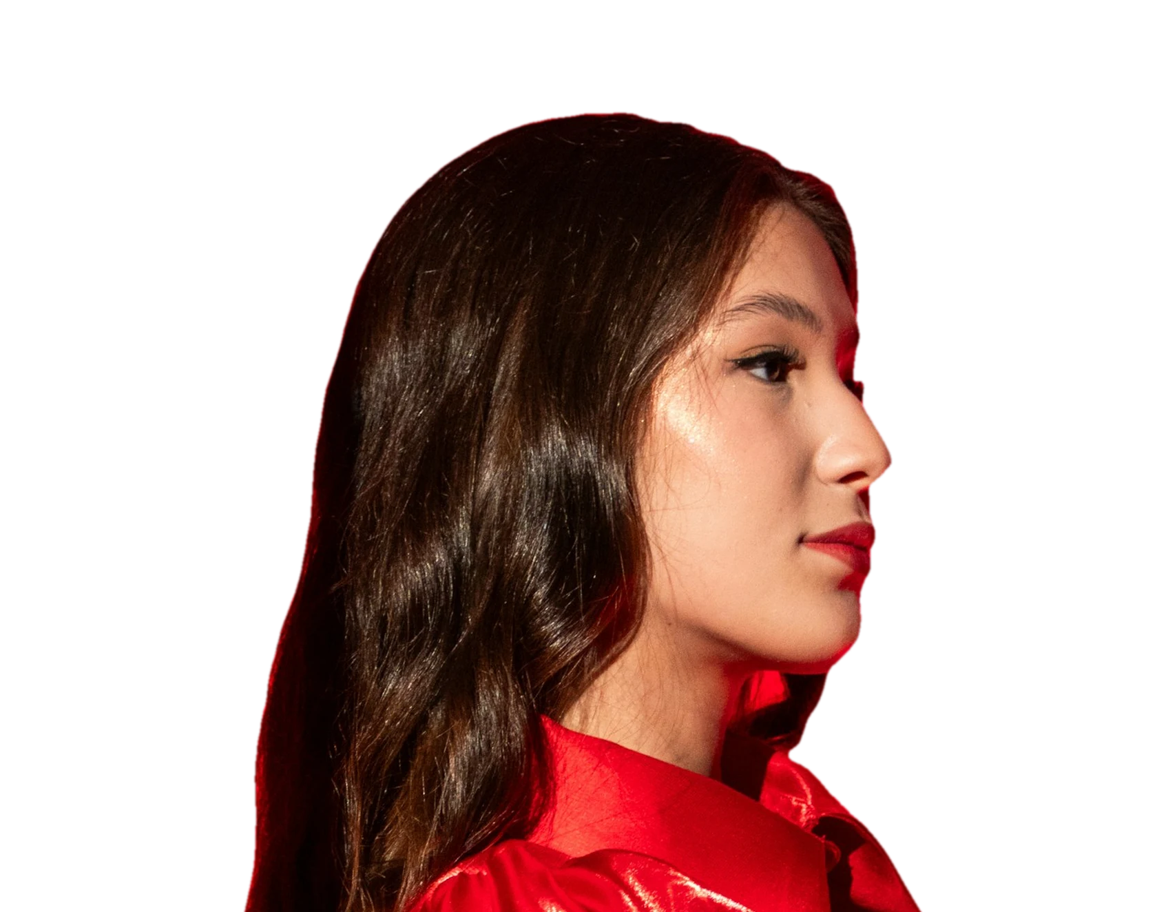 Fashion models, seen from the side, take turns in the picture. As you scroll, they are replaced by a white robot in the same pose.